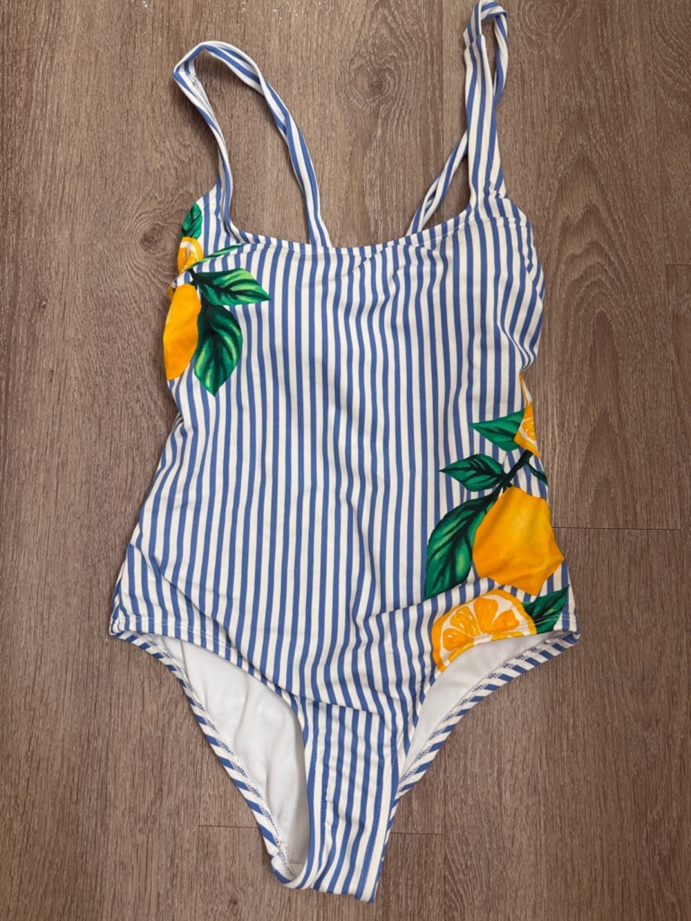 Kona Sol Blue and Yellow Striped One-Piece Swimsuit with Lemon Print